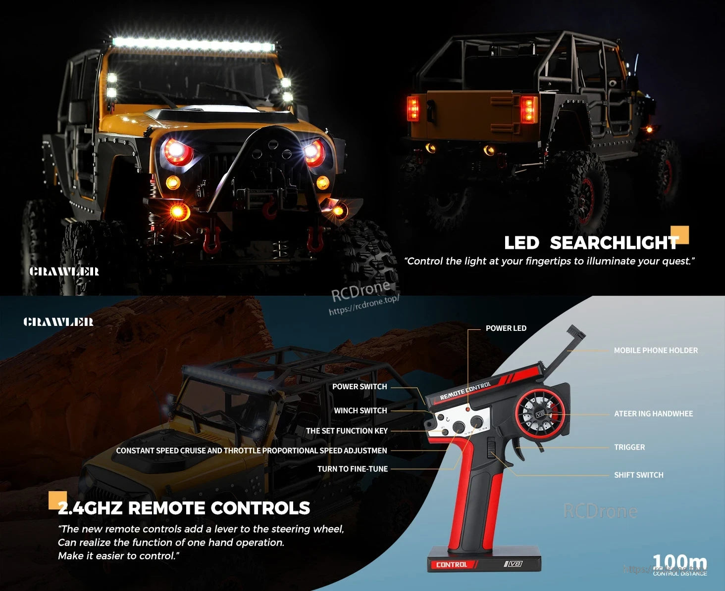 WLtoys 104026 1/10 Rc Car, The WLtoys 104026 1/10 RC Crawler features an LED searchlight, 2.4GHz remote with one-hand controls, power/winch switches, throttle, shift, and a 100m range.