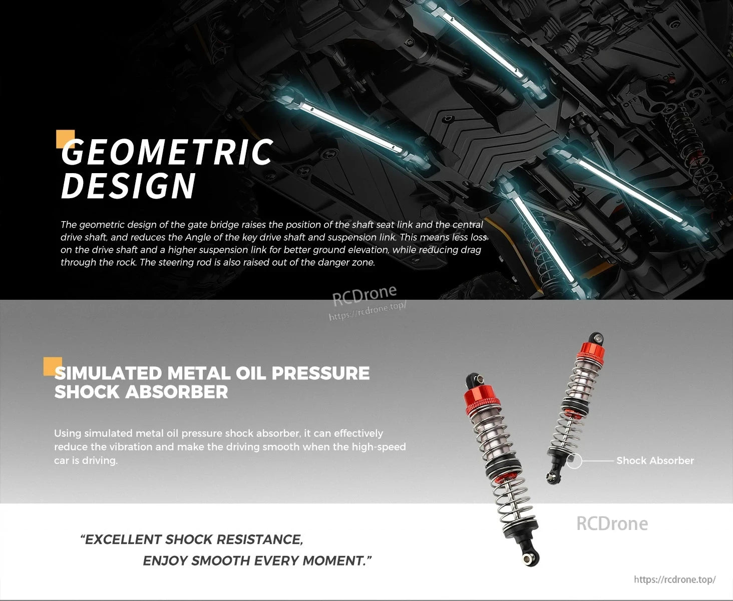 WLtoys 104026 1/10 Rc Car, Geometric design improves clearance and reduces drag; simulated metal shock absorbers minimize vibration, ensuring smooth, high-speed performance with excellent shock resistance.