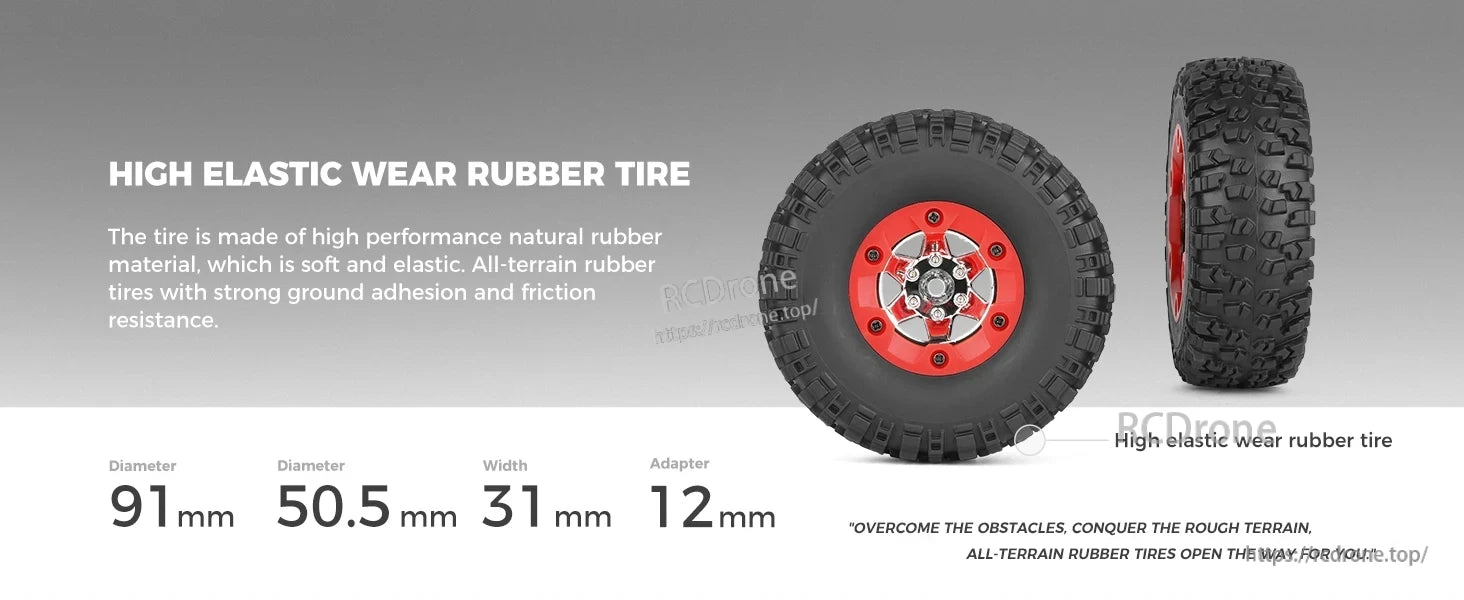 WLtoys 124006 1/12 Rc Car, Durable, high-elastic rubber tires with strong grip for all-terrain use; 91mm diameter, 31mm width, 12mm adapter—ideal for rough terrain and obstacle navigation.