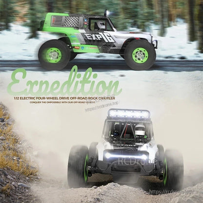 WLtoys 124006 1/12 Rc Car, Expedition 1:12 electric 4WD rock crawler with LED lights, 7.4V battery, 2.4G control, and 40KM/H speed—designed to conquer tough off-road terrain.