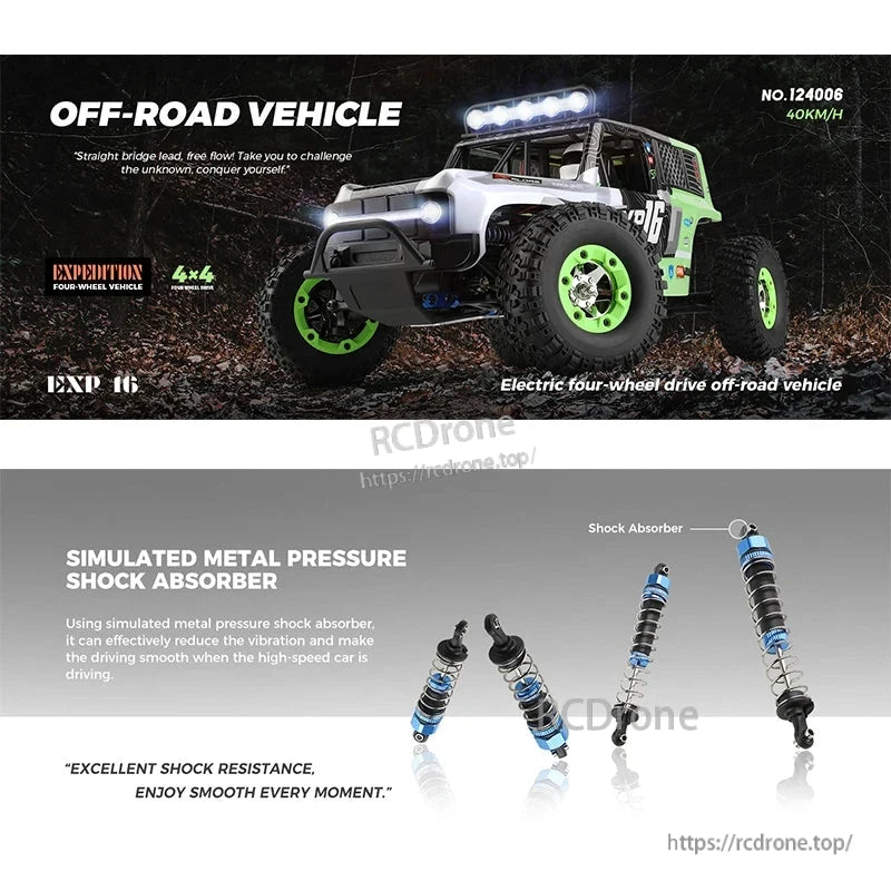 WLtoys 124006 1/12 Rc Car, Electric 4x4 off-road vehicle, 16 km/h, with simulated metal shock absorbers for smooth, stable, high-speed driving and superior vibration resistance.