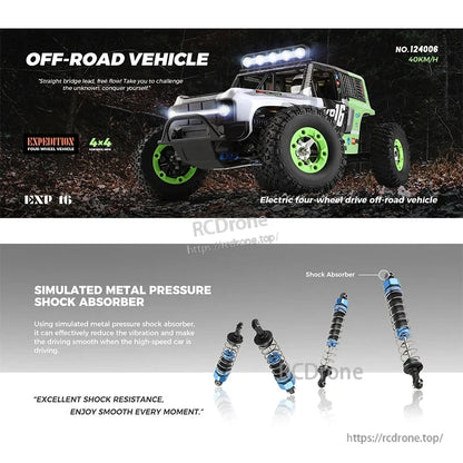 WLtoys 124006 1/12 Rc Car, Electric 4x4 off-road vehicle, 16 km/h, with simulated metal shock absorbers for smooth, stable, high-speed driving and superior vibration resistance.