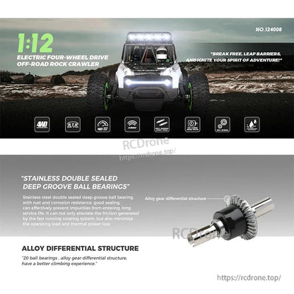 WLtoys 124006 1/12 Rc Car, 1:12 electric 4WD rock crawler with LED lights, 40KM/H speed, 100M range, stainless bearings, alloy differential, and 7.4V battery for durable off-road climbing.