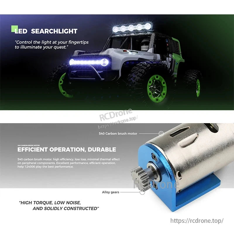 WLtoys 124006 1/12 Rc Car, LED searchlight offers precise illumination. 540 carbon brush motor provides high torque, low noise, durability. Alloy gears boost performance.