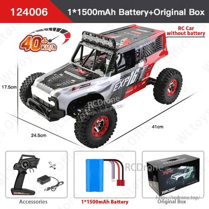 WLtoys 124006 1/12 Rc Car, WLtoys 124006 1/12 scale 4x4 RC truck, reaches 40km/h, features LED lights, 2.4G control, 100M range, includes battery, remote, and box. Dimensions: 41x24.5x17.5cm.