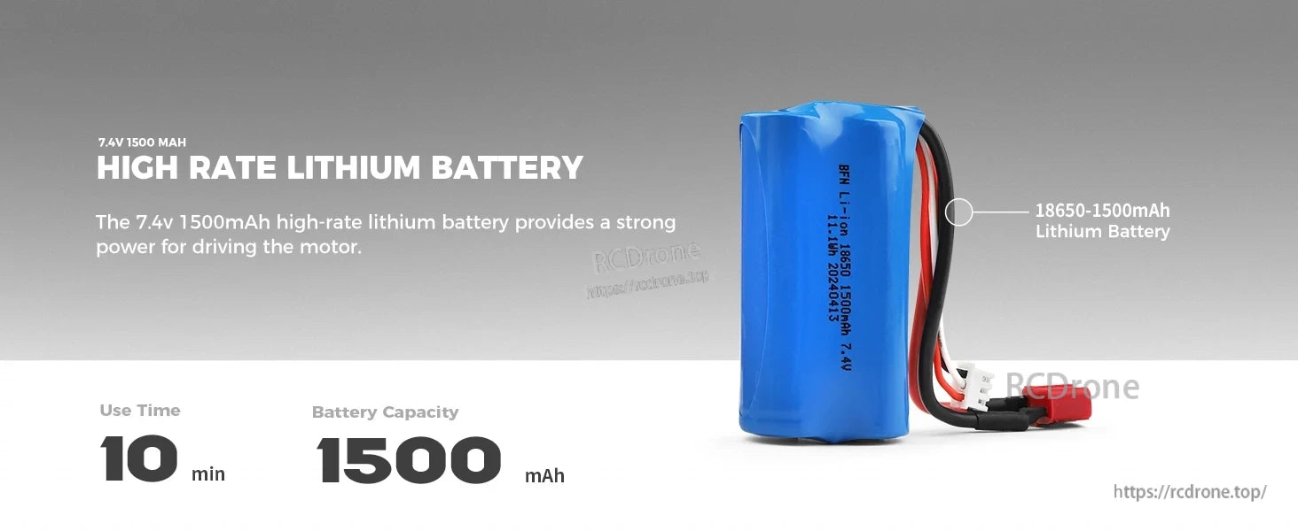 WLtoys 124006 1/12 Rc Car, 7.4V 1500mAh high-rate lithium battery, 18650 type with red connector, provides 10 minutes of use time.