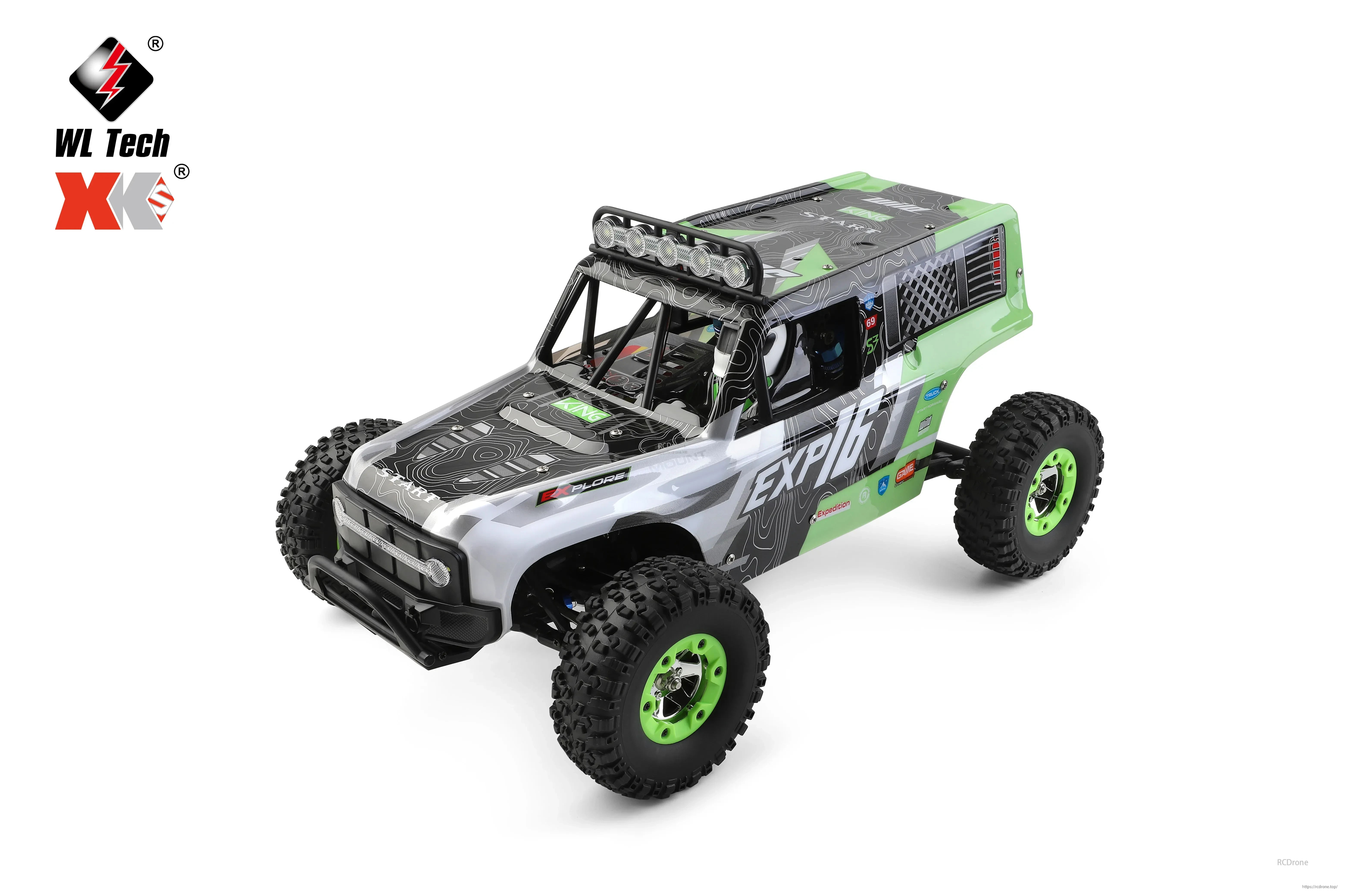 WLtoys 124006 1/12 Rc Car, Radio transmitter features MODE2 operation, steering adjustment, and throttle trim, with 4 channels and a control distance of up to 100M.