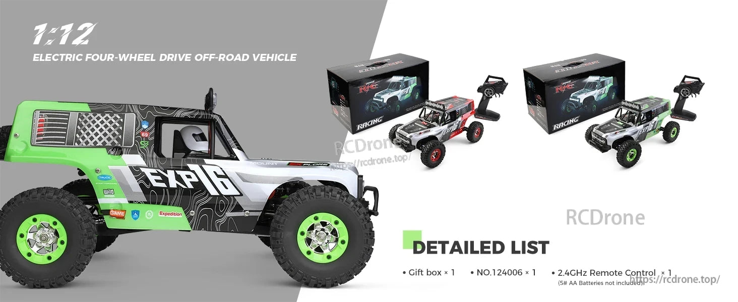 WLtoys 124006 1/12 Rc Car, WLtoys 124006 1:12 scale green and white off-road RC car, expedition-themed, includes remote, gift box, and accessories.