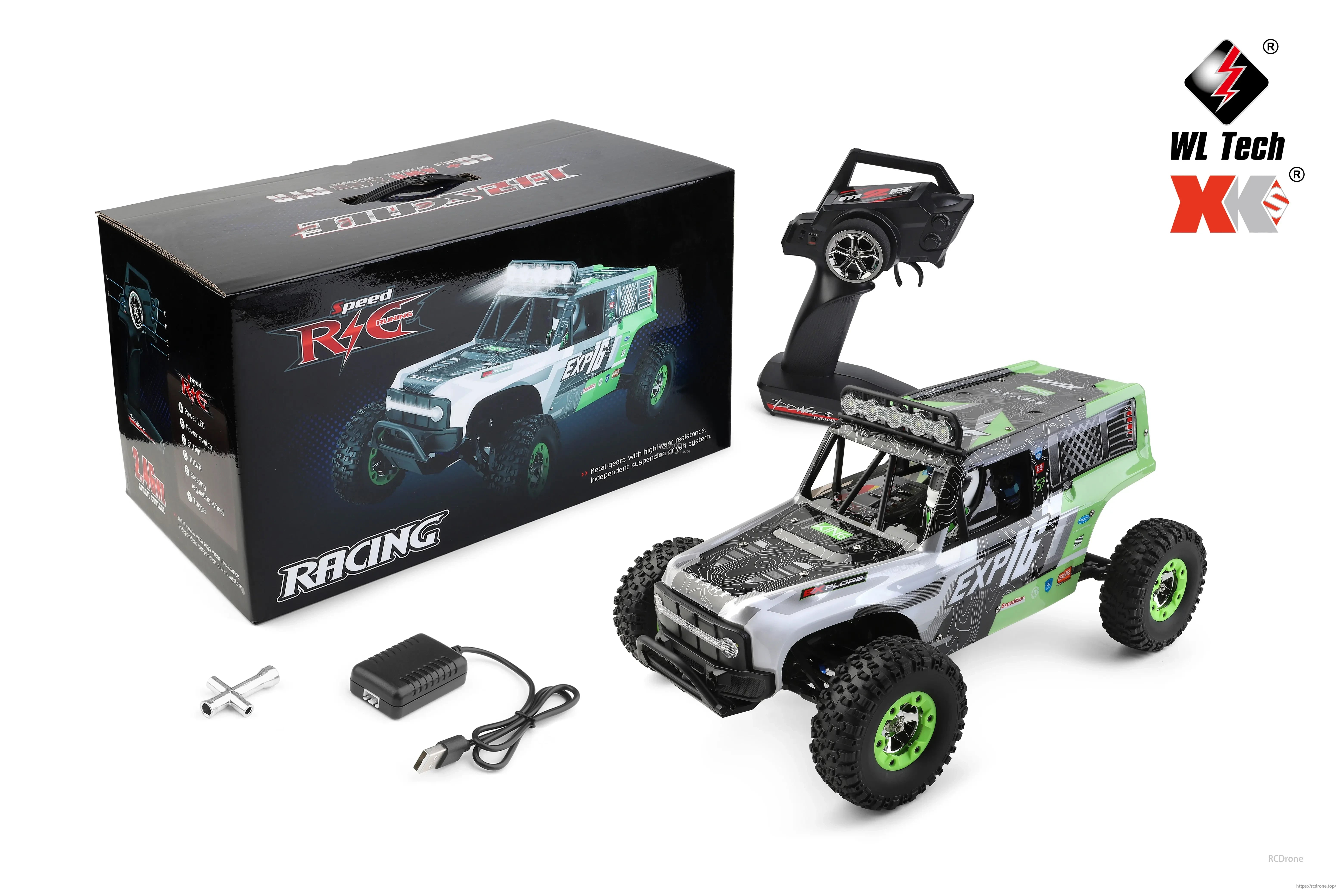 WLtoys 124006 1/12 Rc Car, WL Tech XK 1/12 scale RC racing car in green and white with "EXPLICIT" branding, off-road tires, includes charger, tools, and box with product details.