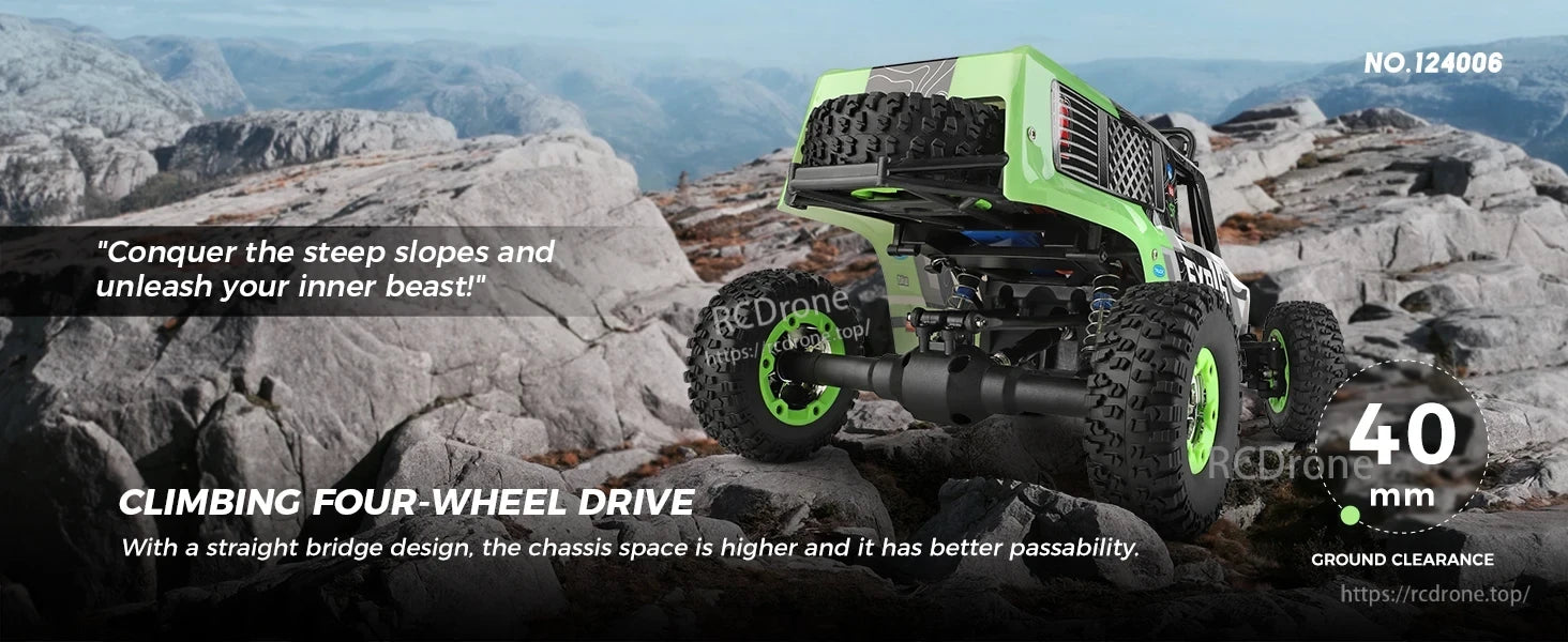 WLtoys 124006 1/12 Rc Car, The WLtoys 124006 RC car conquers steep slopes with 4WD, 40mm ground clearance, and a high chassis for superior off-road performance.