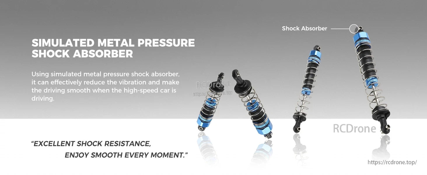 WLtoys 124006 1/12 Rc Car, Simulated metal pressure shock absorber minimizes vibration, ensuring excellent shock resistance and smooth high-speed performance.