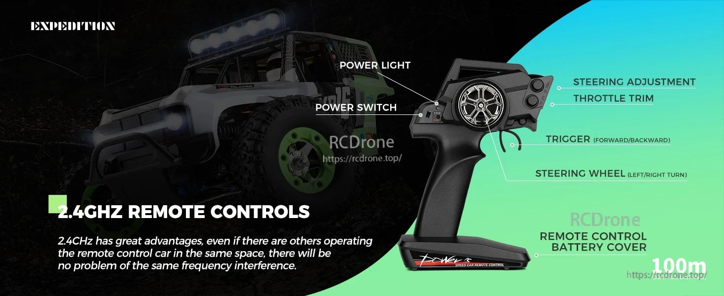 WLtoys 124006 1/12 Rc Car, The Expedition 1/12 RC car has a 2.4GHz remote with power light, steering/throttle controls, and 100m interference-free range.