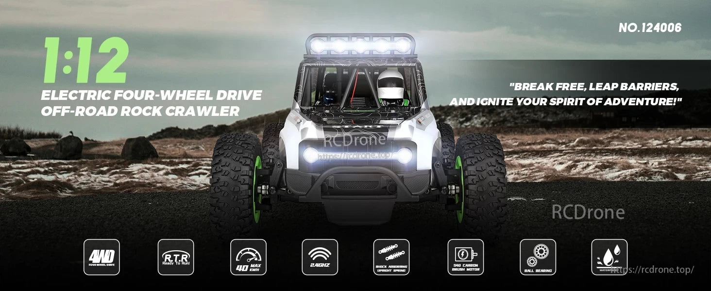 WLtoys 124006 1/12 Rc Car, 1:12 electric 4WD rock crawler with RTR, 40 km/h speed, 2.4GHz, brushless motor, ball bearings, and waterproof design—built for rugged adventure.