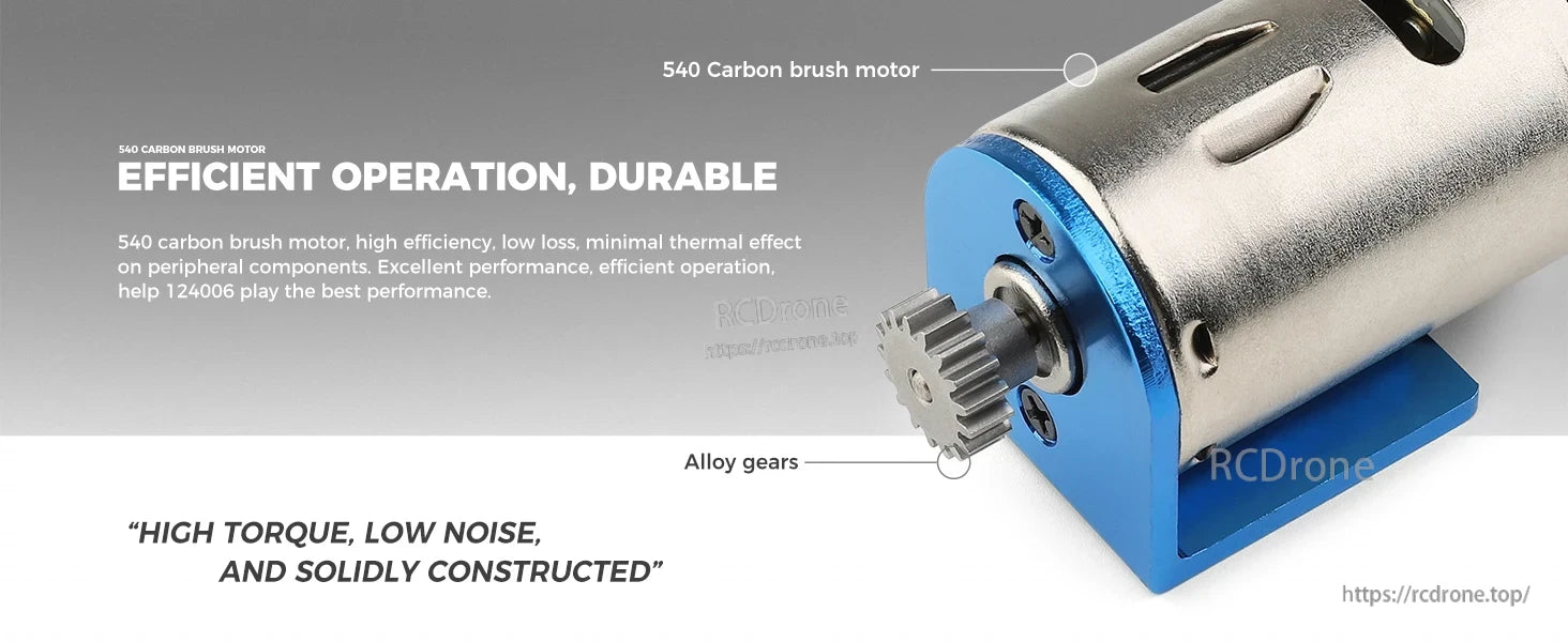 WLtoys 124006 1/12 Rc Car, The 540 carbon brush motor offers high efficiency, low heat, and durability; alloy gears provide strong torque, quiet operation, and robust performance.