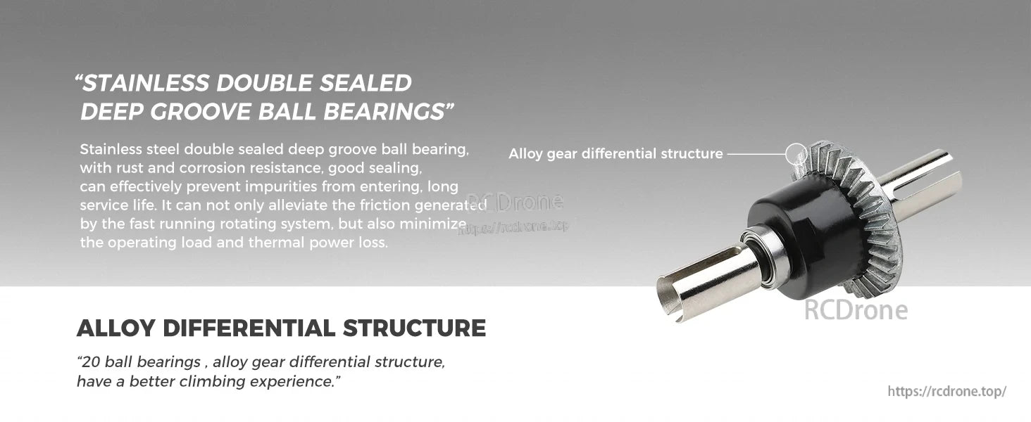 WLtoys 124006 1/12 Rc Car, Stainless sealed bearings resist rust and extend life; alloy gear differential with 20 ball bearings improves climbing, reduces friction and heat.