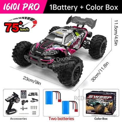 WLtoys 16101 Pro 1:16 RC Car, WLtoys 16101 Pro RC car: 4WD brushless, 75 km/h speed, LED lights, 2.4G control, off-road monster truck, ready-to-run with battery and color box.