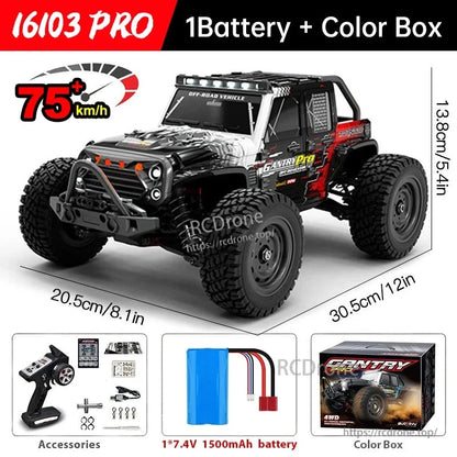 WLtoys 16101 Pro 1:16 RC Car, RC car with 4WD and brushless motor, reaching speeds of 70km/h, featuring LED headlights and full-proportional control.