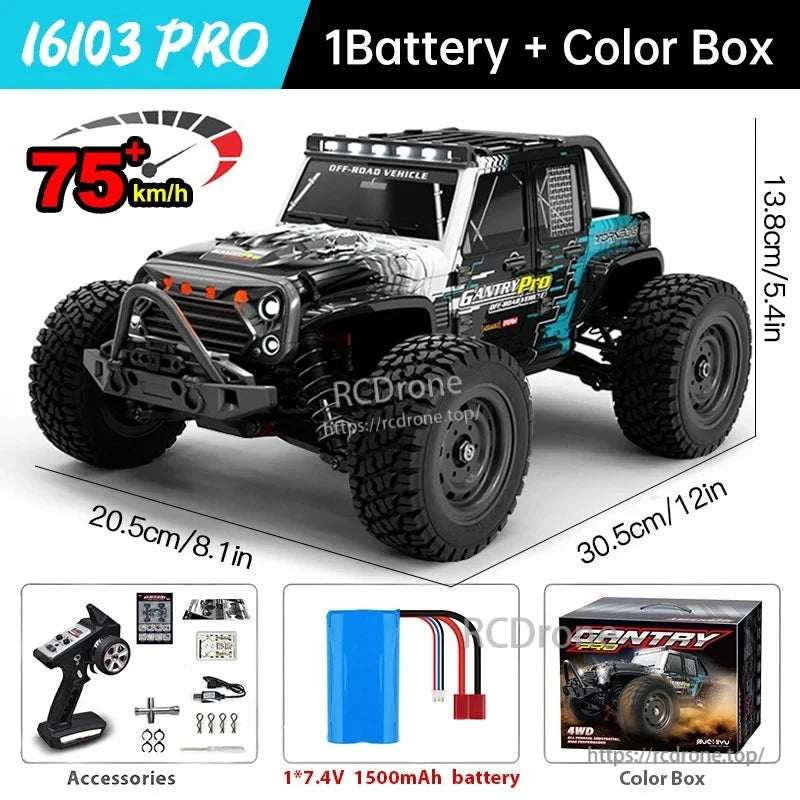 WLtoys 16101 Pro 1:16 RC Car, WLtoys 16103 Pro: 1:16 scale, 4WD brushless RC car, 75+ km/h, LED lights, 2.4G control, off-road monster truck with battery and box, 30.5x20.5x13.8 cm.