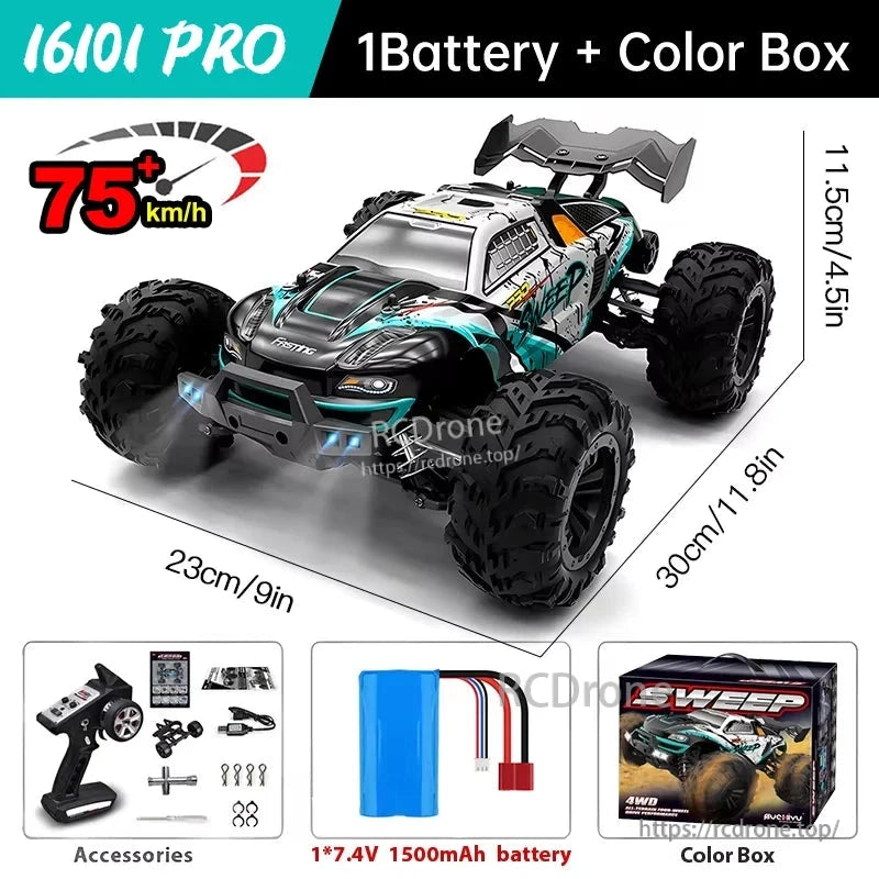 WLtoys 16101 Pro 1:16 RC Car, WLtoys 16101 Pro RC car: 4WD brushless, 75 km/h, LED lights, 2.4G control, battery included, color box, 30x23x11.5 cm.