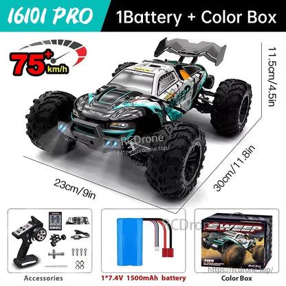 WLtoys 16101 Pro 1:16 RC Car, WLtoys 16101 Pro RC car: 4WD brushless, 75 km/h, LED lights, 2.4G control, battery included, color box, 30x23x11.5 cm.