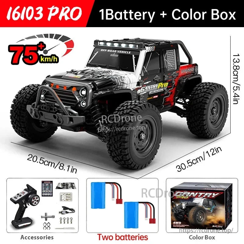 WLtoys 16101 Pro 1:16 RC Car, WLtoys 16103 Pro 1:16 scale 4WD brushless RC car, reaches 75+ km/h, features LED lights, 2.4G control, includes battery and accessories in color box, sized 30.5x20.5x13.8cm.