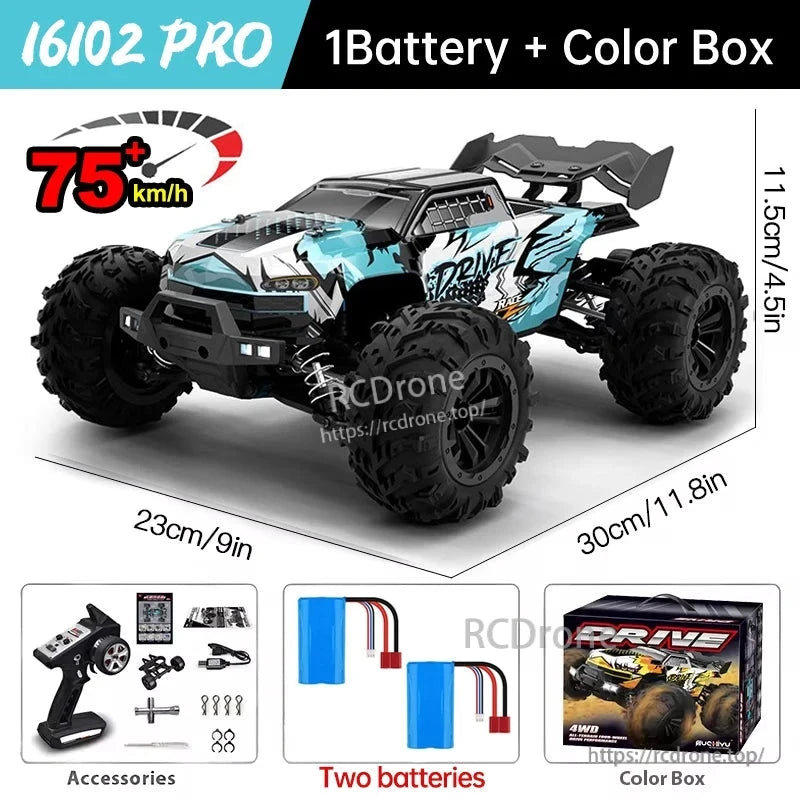 WLtoys 16101 Pro 1:16 RC Car, WLtoys 16101 Pro is a 1:16 scale remote control car with high-speed performance, LED headlights, and 2.4GHz proportional control.