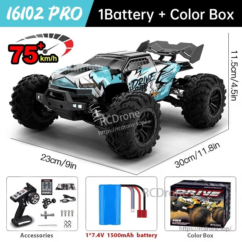 WLtoys 16101 Pro 1:16 RC Car, WLtoys 16102 PRO 4WD brushless RC car, 75 km/h, 2.4G remote, LED lights, 1:16 scale, includes battery and box, size 30x23x11.5 cm.