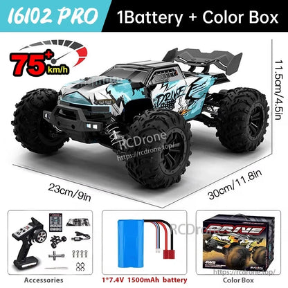 WLtoys 16101 Pro 1:16 RC Car, WLtoys 16102 PRO 4WD brushless RC car, 75 km/h, 2.4G remote, LED lights, 1:16 scale, includes battery and box, size 30x23x11.5 cm.
