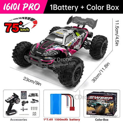 WLtoys 16101 Pro 1:16 RC Car, WLtoys 16101 Pro: 1:16 scale, 4WD brushless RC car, 75 km/h speed, LED lights, 2.4G control, ready-to-run off-road monster truck with battery and color box.