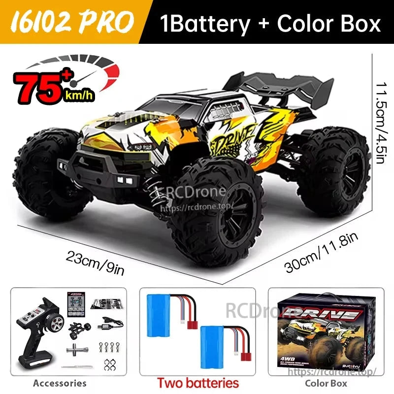 WLtoys 16101 Pro 1:16 RC Car, High-speed 1:16 WLtoys 16102 Pro RC car, 4WD brushless motor, 75+ km/h, LED lights, 2.4G RTR off-road truck with battery and color box.