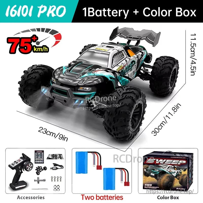 WLtoys 16101 Pro 1:16 RC Car, A 1:16 scale 4WD RC car with brushless motor, LED headlights, and 2.4G proportional control, reaching speeds of up to 70 km/h.