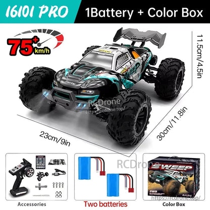 WLtoys 16101 Pro 1:16 RC Car, A 1:16 scale 4WD RC car with brushless motor, LED headlights, and 2.4G proportional control, reaching speeds of up to 70 km/h.