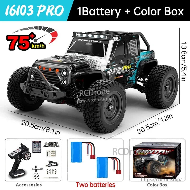 WLtoys 16101 Pro 1:16 RC Car, WLtoys 16103 Pro: 1:16 scale, 4WD brushless RC car, 75+ km/h, LED lights, 2.4G RTR off-road truck with battery, accessories, and dual batteries included.