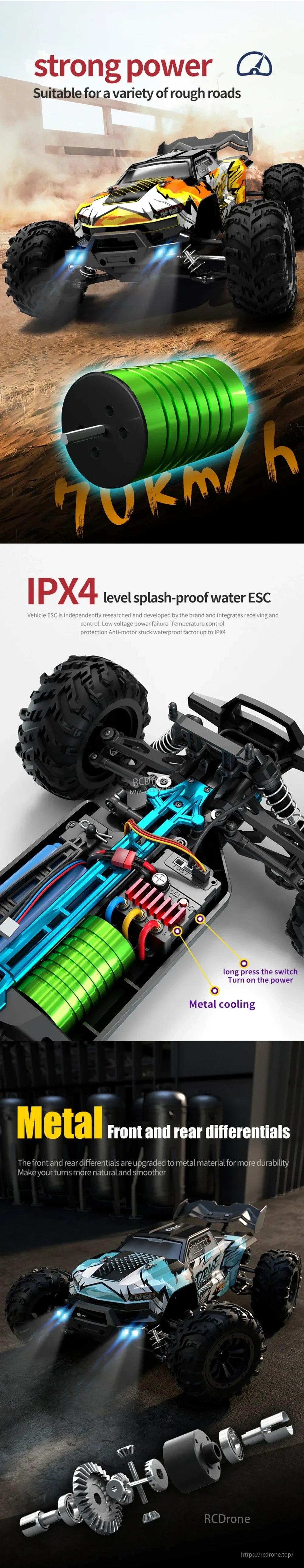 WLtoys 16101 Pro 1:16 RC Car, High-speed, durable drone with splash-proof ESC, metal cooling, and differentials for reliable performance on rough terrain. Features protection tech and smooth handling. Power via long press.