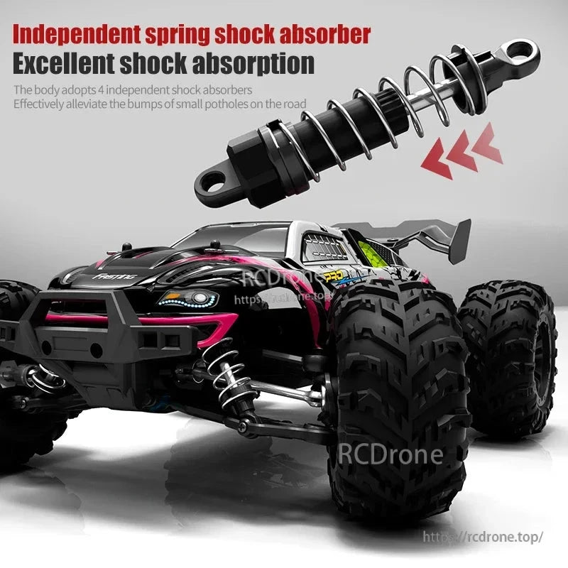 WLtoys 16102 1:16 Rc Car, Durable RC car with independent spring shock absorbers effectively cushions impacts from potholes, ensuring smooth performance on rough terrain.