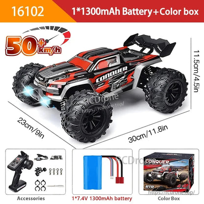 WLtoys 16102 1:16 Rc Car, WLtoys 16102 1:16 scale 4WD RC car, 50km/h speed, LED lights, 2.4G control, 80m range, 7.4V battery, ready-to-run with accessories and color box.