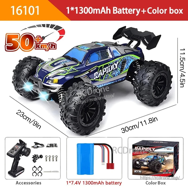 WLtoys 16102 1:16 Rc Car, WLtoys 16102 RC car features 4WD, LED lights, proportional control, and a 7.4V battery, ready to go out of the box.