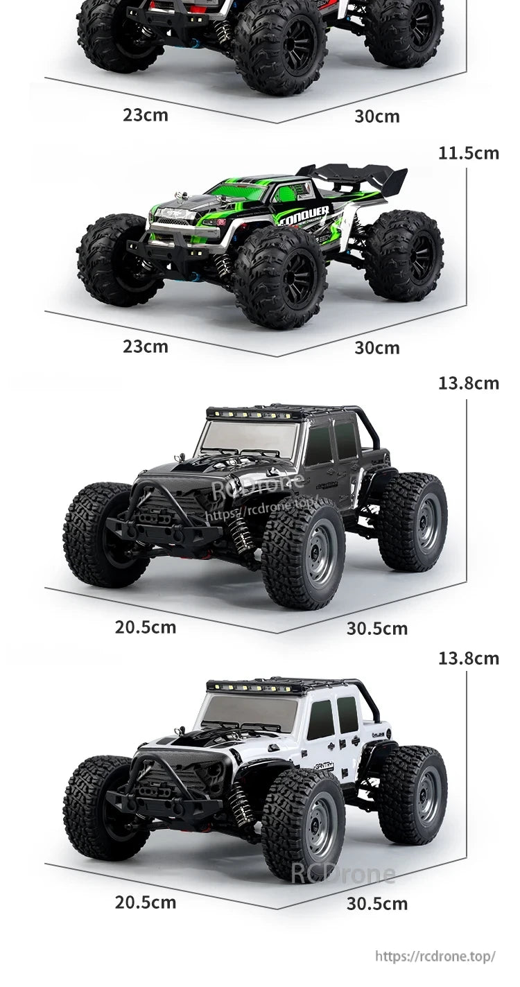 WLtoys 16102 1:16 RC car available in four models with green/black and white/black designs, featuring specific dimensions.