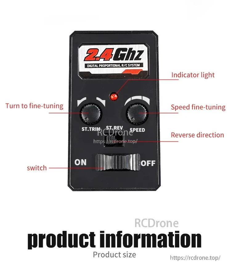 WLtoys 16102 1:16 Rc Car, 2.4GHz digital R/C system offering proportional control with trim, speed adjustment, reverse function, and power switch for precise drone operation.