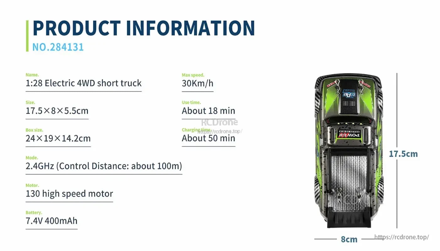 WLtoys 284131 1:28 Scale 4WD RC Racing Car, WLtoys 284131 1:28 scale 4WD RC truck, 30km/h speed, 18min runtime, 2.4GHz control, 7.4V battery, compact size, ideal for off-road fun.