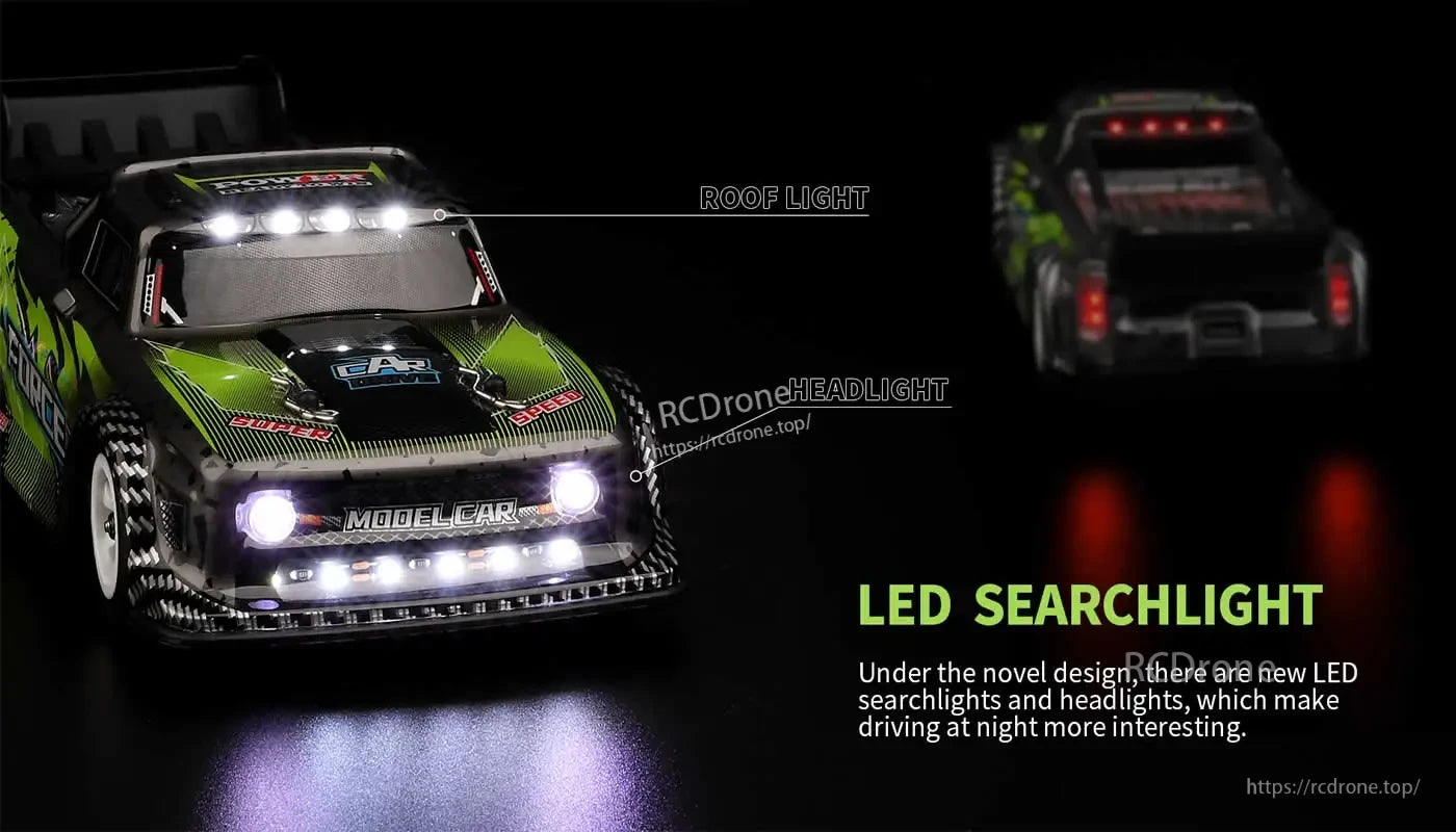 WLtoys 284131 1:28 Scale 4WD RC Racing Car, LED searchlights and headlights improve visibility and realism for night driving on a 1:28 scale RC racing car.