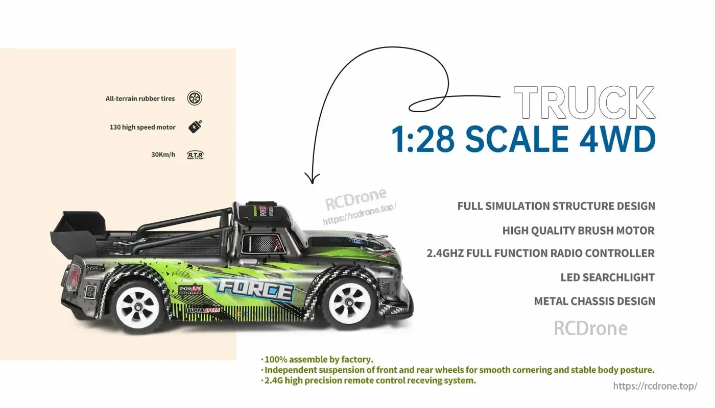 WLtoys 284131 1:28 Scale 4WD RC Racing Car, 1:28 scale 4WD RC truck with all-terrain tires, 130 motor, 30km/h speed, LED lights, metal chassis, independent suspension, 2.4GHz control, brush motor, full simulation design, factory-assembled.