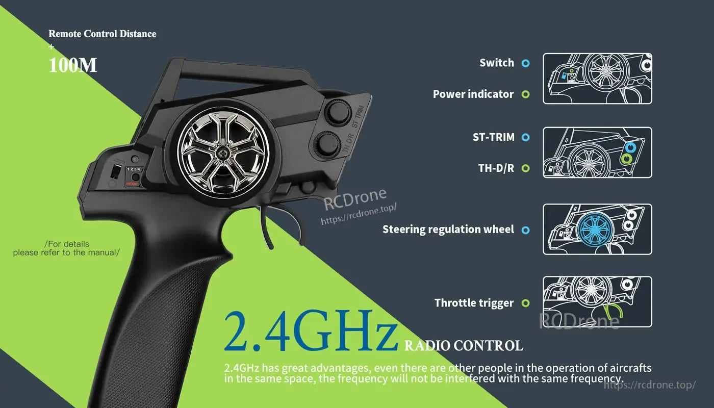WLtoys 284131 1:28 Scale 4WD RC Racing Car, 2.4GHz remote control with over 100M range, interference-free operation, power indicator, trim, throttle, and steering controls for reliable performance in shared spaces.