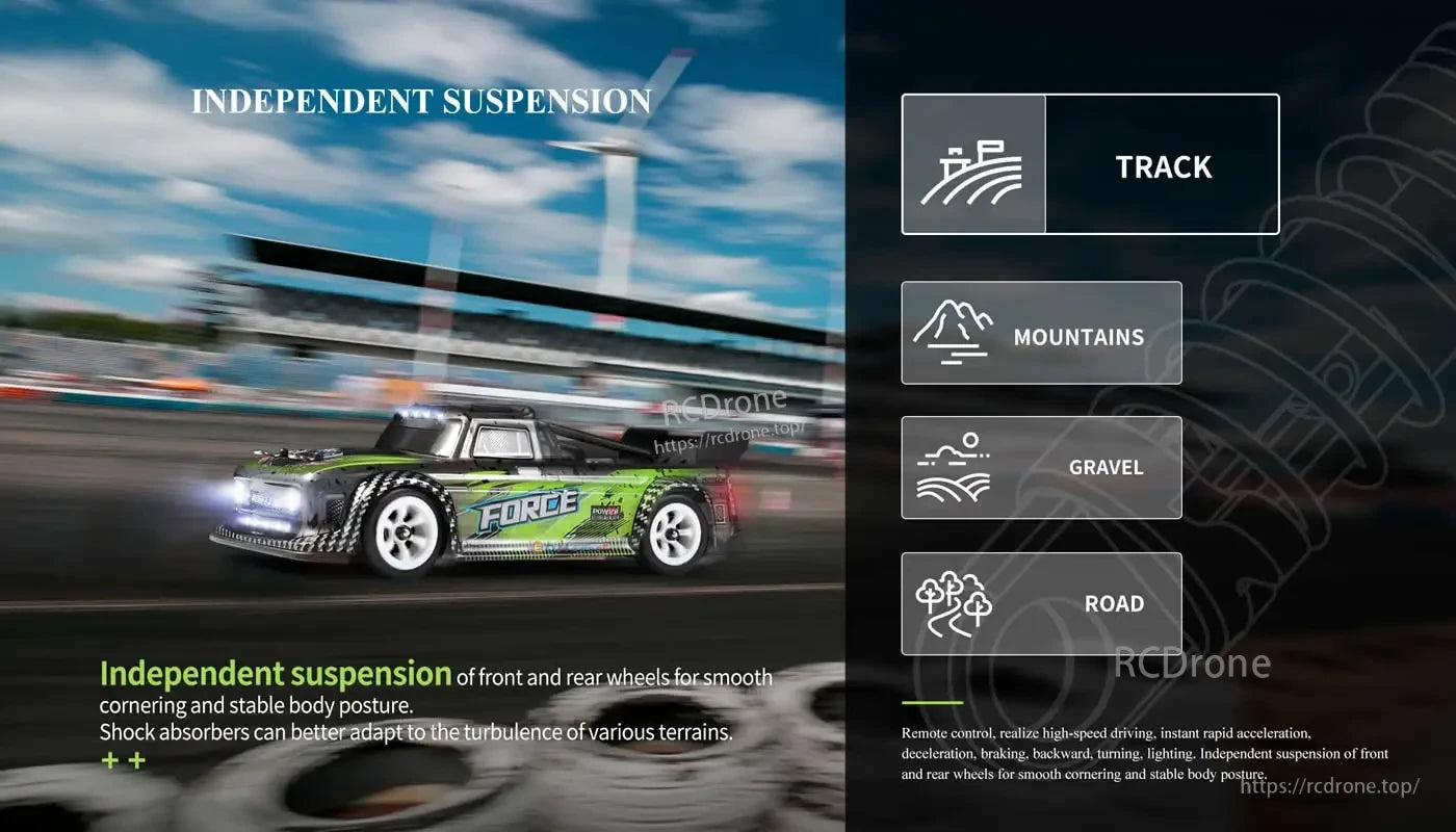 WLtoys 284131 1:28 Scale 4WD RC Racing Car, Independent suspension and adjustable shock absorbers ensure stable, smooth handling on diverse terrains. Remote-controlled with high-speed performance, sharp turns, lighting, and durable design for dynamic off-road driving.