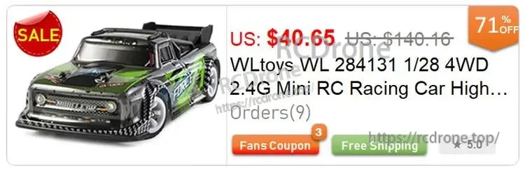 WLtoys 284131 1:28 scale 4WD RC racing car, $40.65, 71% off, free shipping, 5.0-star rated.