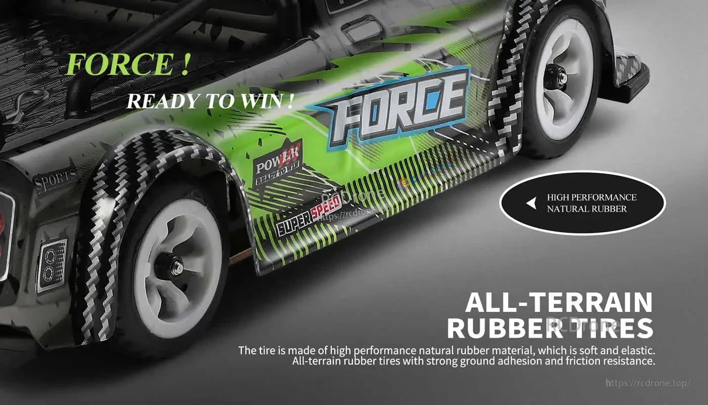 WLtoys 284131 1:28 Scale 4WD RC Racing Car, High-performance natural rubber all-terrain tires with excellent grip, elasticity, and friction resistance for superior speed and control.