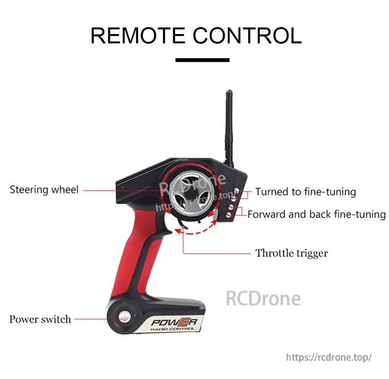 WLtoys A959-B 1:18 Rc Car, Remote control has steering wheel, throttle trigger, power switch, and fine-tuning controls.