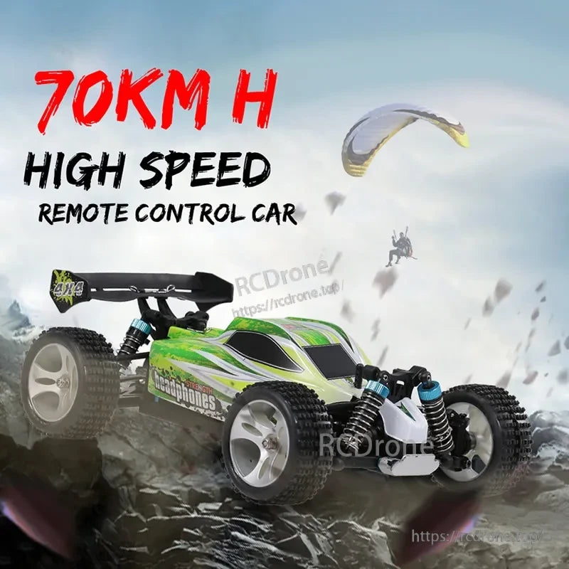 WLtoys A959-B 1:18 Rc Car, High-speed 70km/h remote control car with green-white off-road 4x4 design, built for rugged terrain, featured against a paraglider backdrop.