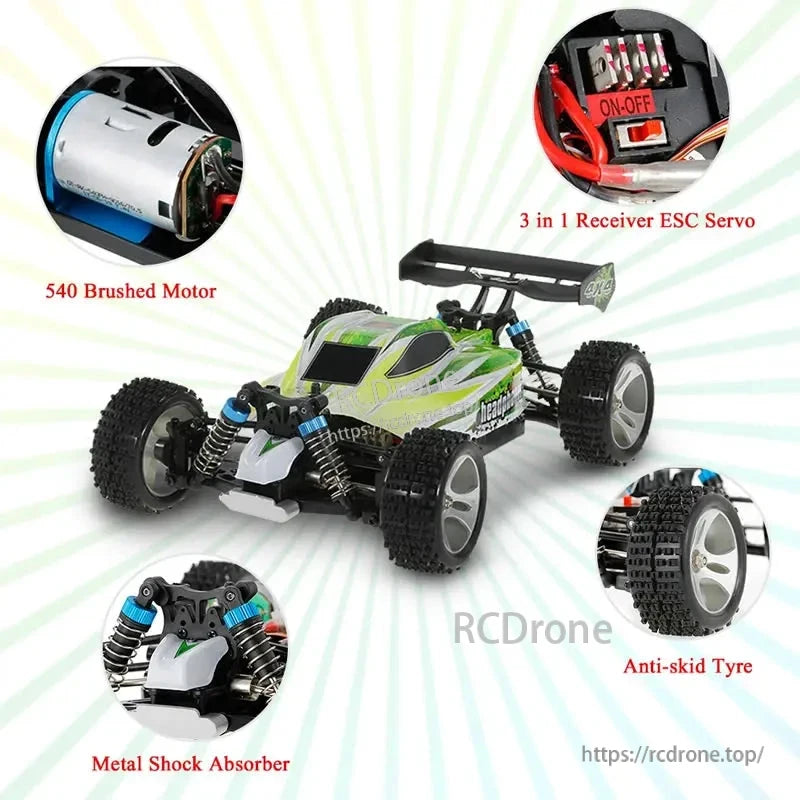 WLtoys A959-B 1:18 Rc Car, High-speed 1:18 RC buggy with 4WD, 70km/h speed, 2.4G control, metal shocks, anti-skid tires, and 3-in-1 receiver—ideal for off-road performance.