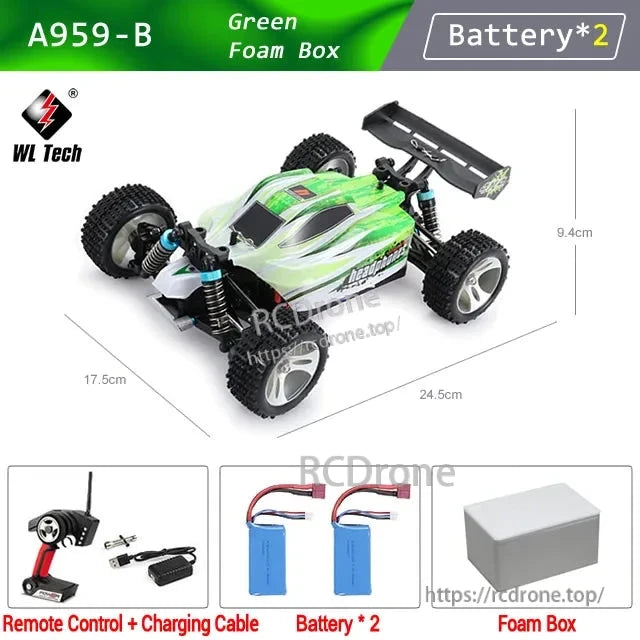 WLtoys A959-B 1:18 Rc Car, WLtoys A959-B 1:18 4WD RC buggy, 70km/h, 2.4G, RTR, brushed motor, 7.4V battery, 100m+ range, includes remote, 2 batteries, foam box.